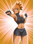  1girl armpits blush breasts dark_skin emphasis_lines green_eyes inabakun00 looking_at_viewer medium_breasts mole mole_on_breast muscle navel one_eye_closed orange_hair original ponytail short_hair smile solo sports_bra sports_girl_(inaba) sportswear standing 