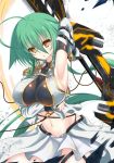  ahoge antenna_hair arm_up armor armpits breasts cleavage commentary_request eiyuuouzil green_hair highres knight large_breasts long_hair navel original skirt solo sword weapon yellow_eyes 