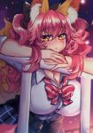  alternate_costume animal_ears bad_id bad_pixiv_id blush breasts cleavage clothes_around_waist commentary fate/extella fate/extra fate/grand_order fate_(series) fox_ears fox_tail jacket_around_waist large_breasts long_hair looking_at_viewer open_mouth osiimi pink_hair school_uniform shirt skirt solo tail tamamo_(fate)_(all) tamamo_jk_(fate) twintails unbuttoned yellow_eyes 