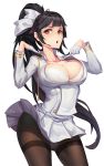  :o aiguillette azur_lane bangs black_hair black_legwear blunt_bangs blush bow bra breasts brown_eyes buttons cleavage commentary cowboy_shot crotch_seam double-breasted fanning_face gloves hair_bow hair_flaps half_gloves highres hot jacket_tug large_breasts long_hair looking_at_viewer medal military military_uniform open_mouth panties pantyhose pantyshot pantyshot_(standing) pleated_skirt ponytail sidelocks simple_background skirt small-9 solo standing sweat sweatdrop takao_(azur_lane) thighband_pantyhose unclasped underwear uniform very_long_hair white_background white_bow white_bra white_gloves white_panties wind wind_lift 