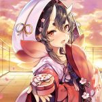  :o blush box brown_hair cloud cloudy_sky eyeshadow floral_print flower gift giving hair_flower hair_ornament holding incoming_gift japanese_clothes kimono long_sleeves looking_at_viewer makeup momo_(onmyoji) oni oni_horns onmyoji open_mouth outdoors petals pointy_ears red_eyes rooftop short_eyebrows short_hair sibyl sky solo standing sunset thick_eyebrows valentine wide_sleeves yellow_sky 