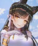  animal_ears atago_(azur_lane) azur_lane bangs black_hair blue_sky blush breasts brown_eyes buttons close-up closed_mouth cloud day double-breasted epaulettes extra_ears eyebrows_visible_through_hair fang fox_ears gloves hair_ornament hair_over_shoulder hair_ribbon half-closed_eyes hanato_(seonoaiko) hand_on_own_chest head_tilt high_collar highres jacket large_breasts light_particles long_hair looking_at_viewer makeup military military_uniform mole mole_under_eye ocean parted_lips ribbon sky smile solo sparkle static swept_bangs thighhighs uniform very_long_hair water_drop wet white_gloves white_jacket white_ribbon 