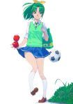  1girl akinbo_(hyouka_fuyou) apple bag ball blue_skirt bow brown_footwear floating_hair food fruit green_eyes green_hair green_vest grey_neckwear hair_bow highres holding holding_bag kneehighs leg_up loafers long_hair looking_to_the_side midorikawa_nao miniskirt necktie pleated_skirt ponytail precure school_uniform shiny shiny_hair shirt shoes simple_background skirt smile_precure! soccer_ball solo standing standing_on_one_leg vest white_background white_legwear white_shirt yellow_bow 