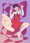  1girl barefoot fangs feet gegege_no_kitarou hair_bow highres looking_at_viewer nekomusume one_leg_raised open_mouth pov pov_feet purple_hair soles toes tongue_out translated yellow_eyes 