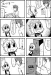  1girl 3ldkm 4koma :d android bangs bkub blunt_bangs check_translation comic emphasis_lines eyebrows_visible_through_hair fumimi glaring greyscale hair_between_eyes holding holding_paper maid maid_headdress messy_hair monochrome motion_lines multiple_4koma newspaper open_door open_mouth paper shaded_face shirt short_hair simple_background smile table translation_request tsuneda two-tone_background two_side_up 