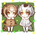  :o bird_tail brown_eyes brown_hair brown_jacket chibi commentary eurasian_eagle_owl_(kemono_friends) eyebrows_visible_through_hair fur_collar green_background jacket kemono_friends looking_at_viewer multiple_girls northern_white-faced_owl_(kemono_friends) pantyhose parted_lips shoes short_hair sibyl silver_eyes white_footwear white_legwear 