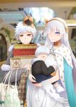  2boys anastasia_(fate/grand_order) arano_oki bag bags_under_eyes blue_cloak blue_eyes blurry blurry_background blush breasts brown_eyes brown_hairband brown_ribbon carrying child cloak closed_eyes closed_mouth commentary_request crown depth_of_field dress fate/grand_order fate_(series) fur-trimmed_jacket fur_trim gold_trim grey_jacket hair_over_one_eye hair_ribbon hairband highres if_they_mated indoors jacket jewelry kadoc_zemlupus large_breasts light_brown_hair long_hair mini_crown multiple_boys ribbon ring shopping_bag silver_hair smile unmoving_pattern very_long_hair wedding_band white_dress 