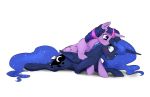 2016 blue_eyes blue_feathers blue_hair blush cuddling duo equine feathered_wings feathers female female/female feral friendship_is_magic hair horn kissing looking_back mammal multicolored_hair my_little_pony princess_luna_(mlp) purple_eyes purple_feathers silfoe simple_background smile sparkles twilight_sparkle_(mlp) white_background winged_unicorn wings 