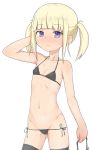  ass_visible_through_thighs bangs bare_arms bare_shoulders bikini black_bikini black_legwear blonde_hair blunt_bangs blush contrapposto cowboy_shot eyebrows_visible_through_hair flat_chest hand_behind_head hand_up highres holding looking_at_viewer navel original purple_eyes short_hair side-tie_bikini simple_background solo standing sweat sweatdrop swimsuit thighhighs twintails white_background yakihebi 