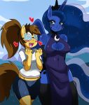  &lt;3 anthro anthrofied blue_feathers blush breasts brown_hair cleavage clothed clothing cutie_mark digital_media_(artwork) dress duo earth_pony equine eyewear fan_character feathered_wings feathers female friendship_is_magic glasses green_eyes hair hi_res horn horse legwear mammal multicolored_hair my_little_pony navel pony princess_luna_(mlp) shirt shorts smile sssonic2 suggestive thigh_highs winged_unicorn wings 