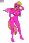  2013 anthro blonde_hair breasts cutie_mark digital_media_(artwork) equine fan_character feathered_wings feathers female fur gold_(metal) hair hi_res jewelry kloudmutt looking_at_viewer mammal multicolored_hair my_little_pony navel necklace nipples nude pegasus pink_fur pink_hair pose pussy simple_background solo standing starshower two_tone_hair white_background wings yellow_eyes 