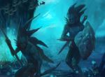 anthony_francisco anthro blue_theme crest duo feral fish gills holding_object holding_weapon magic_the_gathering male marine melee_weapon merfolk official_art polearm scalie scythe shield sword underwater walking water weapon 