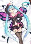  absurdres animal_print aqua_eyes aqua_hair arm_up bed_sheet belly_peek belt black_legwear black_skirt body_writing bra breasts butterfly_hair_ornament butterfly_print butterfly_wings cellphone character_doll cleavage commentary_request feet_out_of_frame garter_straps hair_ornament hatsune_miku highres honey_whip_(module) jacket lipstick lipstick_tube long_hair long_sleeves looking_at_viewer lying makeup medium_breasts miniskirt navel off_shoulder on_back on_bed open_mouth phone pink_wings pleated_skirt project_diva_(series) skirt smartphone solo thigh_gap thighhighs twintails underwear very_long_hair vocaloid wings zuiai_gongzhu_dianxia 