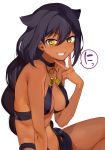  absurdres black_hair braid breasts clenched_teeth collarbone commentary_request covered_nipples dark_skin grin hair_between_eyes hair_flaps halterneck highres jahy jahy_sama_wa_kujikenai konbu_wakame long_hair looking_at_viewer medium_breasts midriff navel o-ring o-ring_top official_art short_shorts shorts simple_background sitting slit_pupils smile solo speech_bubble teeth v very_long_hair white_background yellow_eyes 