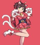  :3 animal_ears animated animated_gif bell blinking breasts cat_ears cat_tail christian_john_sanchez claws cleavage gloves granblue_fantasy green_eyes idolmaster idolmaster_cinderella_girls japanese_clothes jingle_bell kimono looking_at_viewer maekawa_miku paw_gloves paws pixel_art red_background short_hair short_kimono smile solo standing standing_on_one_leg tail wide_sleeves 