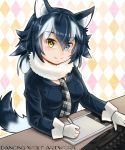  animal_humanoid blue_eyes blue_hair blush breasts clothed clothing cute_fangs dancing_wolf female friends gloves grey_wolf_(kemono_friends) hair heterochromia humanoid inner_ear_fluff kemono keyboard looking_at_viewer necktie smile solo tablet white_hair wolf_humanoid yellow_eyes 