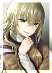  blonde_hair close-up detached_sleeves eyebrows_visible_through_hair frame gradient gradient_background green_eyes hair_between_eyes hand_up highres lips long_hair looking_at_viewer matara_okina mimoto_(aszxdfcv) parted_lips sharp_teeth shiny shiny_hair smile solo tabard teeth touhou upper_body 