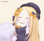  :i abigail_williams_(fate/grand_order) bags_under_eyes bangs black_bow black_dress black_hat blonde_hair blush bow cheek_pinching closed_eyes dress fate/grand_order fate_(series) hair_bow hat highres horn lavinia_whateley_(fate/grand_order) long_hair long_sleeves looking_at_another multiple_girls nega-tive_otoko orange_bow parted_bangs parted_lips pinching polka_dot polka_dot_bow profile red_eyes silver_hair simple_background twitter_username very_long_hair yellow_background 