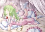  aka_tawashi bed blush bow bowtie commentary_request crescent_print curtains dress eyebrows_visible_through_hair frills green_eyes green_hair hat kazami_yuuka kazami_yuuka_(pc-98) leg_up long_hair long_sleeves looking_at_viewer lying nightcap nightgown no_shoes on_stomach one_eye_closed pillow pink_dress pocket_watch red_bow red_neckwear smile socks solo star star_print touhou touhou_(pc-98) watch white_legwear 