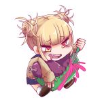  akaji_(alpha0107) blonde_hair blood boku_no_hero_academia brown_footwear chibi drooling fangs heart heart-shaped_pupils heart_(organ) holding holding_knife knife long_sleeves no_nose open_mouth screw skirt solo stabbing stitches symbol-shaped_pupils toga_himiko white_background yandere yellow_eyes 