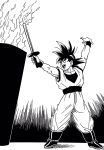  arms_up boots commentary_request dougi dragon_ball dragon_ball_z fire full_body highres ink_(medium) lee_(dragon_garou) male_focus monochrome muscle olympics open_hand open_mouth smile solo son_gokuu torch traditional_media wristband 