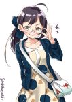  :} ahoge alternate_costume bag bangs bespectacled black_hair blue_jacket blunt_bangs closed_mouth collarbone collared_dress commentary_request cowboy_shot cross-laced_bag dress ebifurya flower_knot fujinami_(kantai_collection) glasses hand_up handbag highres jacket kantai_collection long_hair long_sleeves looking_at_viewer open_clothes open_jacket peter_pan_collar print_dress ribbon round_eyewear shiny shiny_hair shoulder_bag side_ponytail simple_background smile solo sparkle strap twitter_username v-shaped_eyebrows white_background white_bag yellow_dress yellow_eyes 