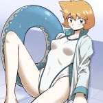  bangs bare_legs blue_eyes blue_innertube blush body_blush breasts closed_mouth collarbone covered_navel eyebrows eyebrows_visible_through_hair frown gooberman_(kdk5011) gym_leader hair_between_eyes innertube jacket kasumi_(pokemon) leg_up long_sleeves one-piece_swimsuit open_clothes open_jacket orange_hair pokemon pokemon_(game) pokemon_hgss popped_collar short_hair sitting small_breasts solo swimsuit white_jacket white_swimsuit 