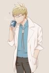  1boy blonde_hair coffee glasses male male_focus mug mullein_(pokemon) pokemon pokemon_(game) pokemon_(sm) solo 