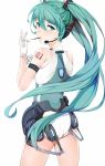  aqua_eyes aqua_hair ass eyebrows_visible_through_hair food from_behind gloves hatsune_miku headphones highres lanzero long_hair looking_at_viewer microphone pocky solo sportswear twintails vocaloid white_gloves 