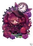  :d beret black_capelet black_dress black_hat blush broken_heart brown_hair capelet checkered checkered_floor chibi clock commentary_request curled_horns demon_girl demon_horns demon_tail dress eyepatch fang fire frilled_capelet frills fur_collar gothic_lolita hat head_tilt heart heart_eyepatch highres horns lolita_fashion muuran no_shoes open_mouth original pantyhose purple_hair red_legwear signature smile solo star tail white_background 