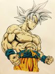  abs chest clenched_hands dirty dragon_ball dragon_ball_super frown highres lee_(dragon_garou) male_focus marker_(medium) muscle profile serious shirtless silver_hair solo son_gokuu toriyama_akira_(style) traditional_media ultra_instinct wristband 