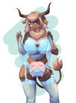  2018 anthro big_breasts blue_eyes bovine breasts brown_fur brown_hair cattle clothing digital_media_(artwork) female front_view fur girly hair horn legwear likri looking_at_viewer mammal pink_nose simple_background smile solo stockings thigh_highs tongue tongue_out tuft underwear 