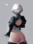  ass back backless_outfit black_legwear commentary directional_arrow english_commentary facing_away from_behind hairband juliet_sleeves leotard less long_sleeves nier_(series) nier_automata puffy_sleeves short_hair solo thighhighs thong_leotard white_hair white_leotard yorha_no._2_type_b 