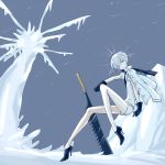  androgynous antarcticite blue_footwear blue_gloves cojimama commentary_request full_body gloves high_heels houseki_no_kuni long_sleeves looking_at_viewer outdoors pale_skin short_hair silver_eyes silver_hair sitting sword weapon 