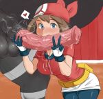  &lt;3 animal_genitalia animal_penis balls bandanna bestiality blue_eyes blush breasts brown_hair cleavage clothed clothing duo equine_penis erection faceless_male fellatio female female_on_feral feral gloves hair human human_on_feral interspecies looking_at_viewer male male/female mammal may_(pok&eacute;mon) nintendo oral penis pok&eacute;mon pok&eacute;mon_(species) pok&eacute;philia precum pussy_juice reach025 saliva sex shirt speech_bubble v_sign vein veiny_penis video_games zebstrika 