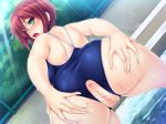 1girl anus areolae ass ass_grab back bare_arms bare_legs bare_shoulders blush breasts buzama_ni!_gehin_ni!_tsugouyoku!_kyokon_suuhai!_haramase_onaho_gakuen censored collar crotchless from_behind game_cg green_eyes groin highres invitation ishii_akira large_breasts leaning_forward legs looking_back miel_(company) mosaic_censoring nipples open_mouth original outdoors partially_submerged pool pussy red_hair short_hair solo standing sunlight sweat sweatdrop swimsuit thighs water 