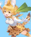  :d animal_ears animal_print aoi_momo bangs bare_shoulders belt black_belt black_hair blonde_hair blue_background blush bow bowtie breasts cowboy_shot elbow_gloves extra_ears eyebrows eyebrows_visible_through_hair eyelashes fang gloves hair_between_eyes high-waist_skirt highres kemono_friends legs_apart looking_at_viewer medium_breasts miniskirt multicolored multicolored_bow multicolored_clothes multicolored_gloves multicolored_hair multicolored_legwear multicolored_neckwear open_mouth outstretched_arms paper_airplane serval_(kemono_friends) serval_ears serval_print serval_tail shirt short_hair simple_background skirt skirt_lift sleeveless sleeveless_shirt smile solo tail thighhighs tongue two-tone_hair white_bow white_gloves white_neckwear white_shirt yellow_bow yellow_eyes yellow_gloves yellow_legwear yellow_neckwear yellow_skirt zettai_ryouiki 