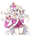 aisha_(elsword) aisha_(elsword)_(cosplay) alternate_costume back_bow blonde_hair blush_stickers bow cosplay dimension_witch_(elsword) double_v elsword fang fate/kaleid_liner_prisma_illya fate_(series) gloves hair_ornament illyasviel_von_einzbern microskirt pink_bow purple_skirt red_eyes sando_(artist) skirt solo transparent_background twintails v v_over_eye 