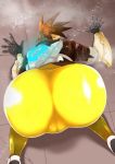  1girl all_fours ass bodysuit brown_hair cameltoe from_behind gloves goggles huge_ass hukiguni jacket looking_back overwatch shiny shiny_clothes shiny_hair short_hair skin_tight solo spiky_hair top-down_bottom-up tracer_(overwatch) 