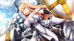  armor axe bare_shoulders blonde_hair breasts choker cleavage daiaru day dutch_angle highres holding holding_weapon knight lance large_breasts long_hair open_mouth original outdoors pointy_ears polearm shield sword weapon 