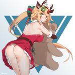  animal_ears antlers ass back blonde_hair breasts commentary_request cowboy_shot cytrus deer_ears doughnut_hair_ornament food_themed_hair_ornament girls_frontline green_eyes hair_ornament highres large_breasts long_hair looking_at_viewer m1918_bar_(girls_frontline) no_panties simple_background skirt skirt_lift stuffed_animal stuffed_toy teddy_bear 