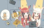  4girls afterimage animal_ears arms_up bangs bird_wings black_eyes black_hair blonde_hair blunt_bangs bow caracal_(kemono_friends) caracal_ears door eighth_note elbow_gloves empty_eyes fur_collar gloom_(expression) gloves hair_bobbles hair_ornament hands_up hasu_(zatsugami) head_wings high-waist_skirt holding holding_microphone indoors japanese_crested_ibis_(kemono_friends) karaoke kemono_friends locked long_hair long_sleeves microphone multicolored_hair multiple_girls musical_note open_mouth pointing print_gloves print_neckwear print_skirt red_hair savanna_striped_giant_slug_(kemono_friends) scarf scarlet_ibis_(kemono_friends) serval_(kemono_friends) serval_ears serval_print serval_tail shirt short_hair skirt sleeveless sleeveless_shirt smile sparkle speech_bubble standing striped_tail sweat sweating_profusely table tail white_hair wide_sleeves wings yellow_eyes 