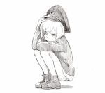  erica_hartmann glaring graphite_(medium) hair_between_eyes hat jacket looking_at_viewer panties pantyshot pantyshot_(squatting) shiratama_(hockey) short_hair solo squatting strike_witches traditional_media underwear white_background world_witches_series 