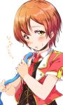  blush bokura_no_live_kimi_to_no_life highres holding_hose hose hoshizora_rin jacket looking_at_viewer love_live! love_live!_school_idol_project necktie orange_hair red_jacket red_neckwear sen_(sen0910) short_hair short_sleeves simple_background solo translation_request upper_body wet wet_hair white_background yellow_eyes 