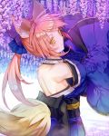  animal_ears backless_outfit blue_bow blue_kimono bow detached_sleeves eyebrows_visible_through_hair fate/grand_order fate_(series) flower fox_ears fox_tail hair_bow head_tilt highres japanese_clothes kimono long_hair looking_at_viewer looking_back pink_hair ponytail purple_bow purple_flower saijou_haruki smile solo standing tail tamamo_(fate)_(all) tamamo_no_mae_(fate) wisteria yellow_eyes 