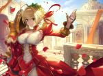  aestus_estus ahoge architecture arm_at_side arm_guards arm_up armpit_peek backlighting bangs blonde_hair blue_sky braid breasts building cleavage_cutout closed_eyes cloud covered_nipples day dress eyebrows_visible_through_hair fate/grand_order fate_(series) green_eyes hair_ribbon head_wreath holding holding_sword holding_weapon juliet_sleeves kazto_furuya large_breasts long_sleeves looking_at_viewer nero_claudius_(fate) nero_claudius_(fate)_(all) petals puffy_sleeves railing red_dress red_ribbon ribbon rose_petals shiny shiny_hair short_hair shoulder_armor sky solo sunlight sword temple vambraces weapon 