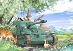  bird caterpillar_tracks church cloud commentary day duck ground_vehicle inou_takashi mallard military military_vehicle motor_vehicle no_humans renault_ue_57 rock self-propelled_gun sky squirrel tank tree wargaming_japan water world_of_tanks 