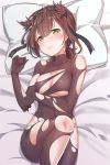  bangs bare_shoulders bed_sheet black_bodysuit black_hairband blush body_blush bodysuit breasts brown_hair closed_mouth clothes_writing commentary_request eyebrows_visible_through_hair feet_out_of_frame from_above frown hachimaki hair_flaps hairband hatsuzuki_(kantai_collection) head_tilt headband highres kantai_collection konnyaku_(kk-monmon) leg_up looking_at_viewer lying medium_breasts on_back panties panties_under_bodysuit pillow shiny shiny_hair shiny_skin short_hair skin_tight solo sweat tearing_up tears torn_bodysuit torn_clothes underwear wavy_mouth white_panties yellow_eyes 