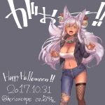  :d asymmetrical_clothes background_text bandeau bell black_jacket blush breasts cleavage collar dark_skin dated denim fangs feet_out_of_frame fishnet_legwear fishnets fur-trimmed_jacket fur-trimmed_sleeves fur_trim grey_background hair_bell hair_ornament happy_halloween heriwo_(haraheridou) jacket jeans jingle_bell large_breasts legs_apart long_hair long_sleeves looking_at_viewer navel open_clothes open_jacket open_mouth original pants pink_hair single_pantsleg single_thighhigh smile solo spiked_collar spikes stomach tareme tattoo thighhighs translation_request twitter_username v-shaped_eyebrows very_long_hair 