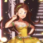  1girl ;d arm_strap asymmetrical_hair blurry blurry_background breasts brown_hair cleavage collarbone floating_hair frilled_shirt frills green_hairband hairband hand_on_hip idolmaster idolmaster_(classic) index_finger_raised jyon long_hair looking_at_viewer minase_iori one_eye_closed open_mouth pleated_skirt purple_eyes shiny shiny_hair shirt skirt sleeveless sleeveless_shirt small_breasts smile solo stage standing very_long_hair vital_sunflower yellow_shirt yellow_skirt 